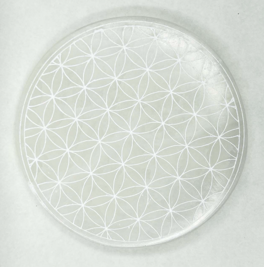 Plaque de rechargement en sélénite – Fleur de vie gravée